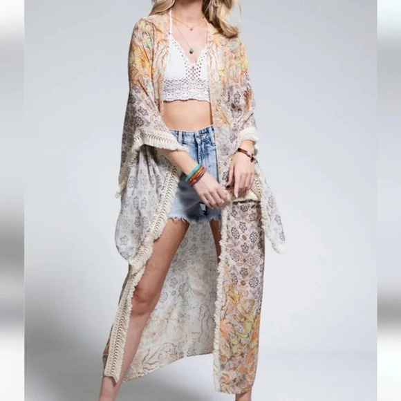 New! Boho Floral Crochet Fringe Trim Duster Kimono - Picture 5 of 8